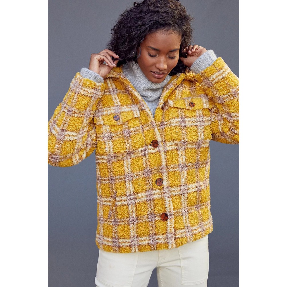 Anthropologie Driftwood Ryan Plaid Sherpa Jacket Coat Yellow Cream S